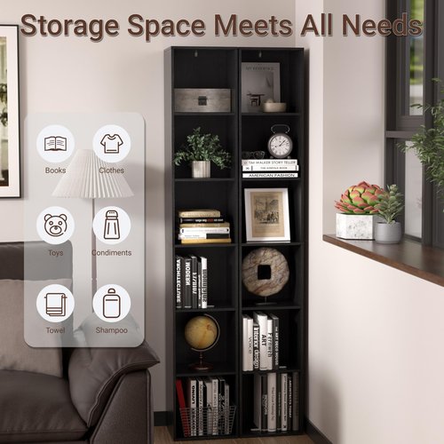 NewBeth 6 Cube Storage Organizer, Narrow Open Shelf Bookcase, Freestanding 6 Cube Storage Shelf, Moisture-Proof Scratch-Resistant Melamine Display Shelf for Bedroom, Living Room, Study, Home，Black