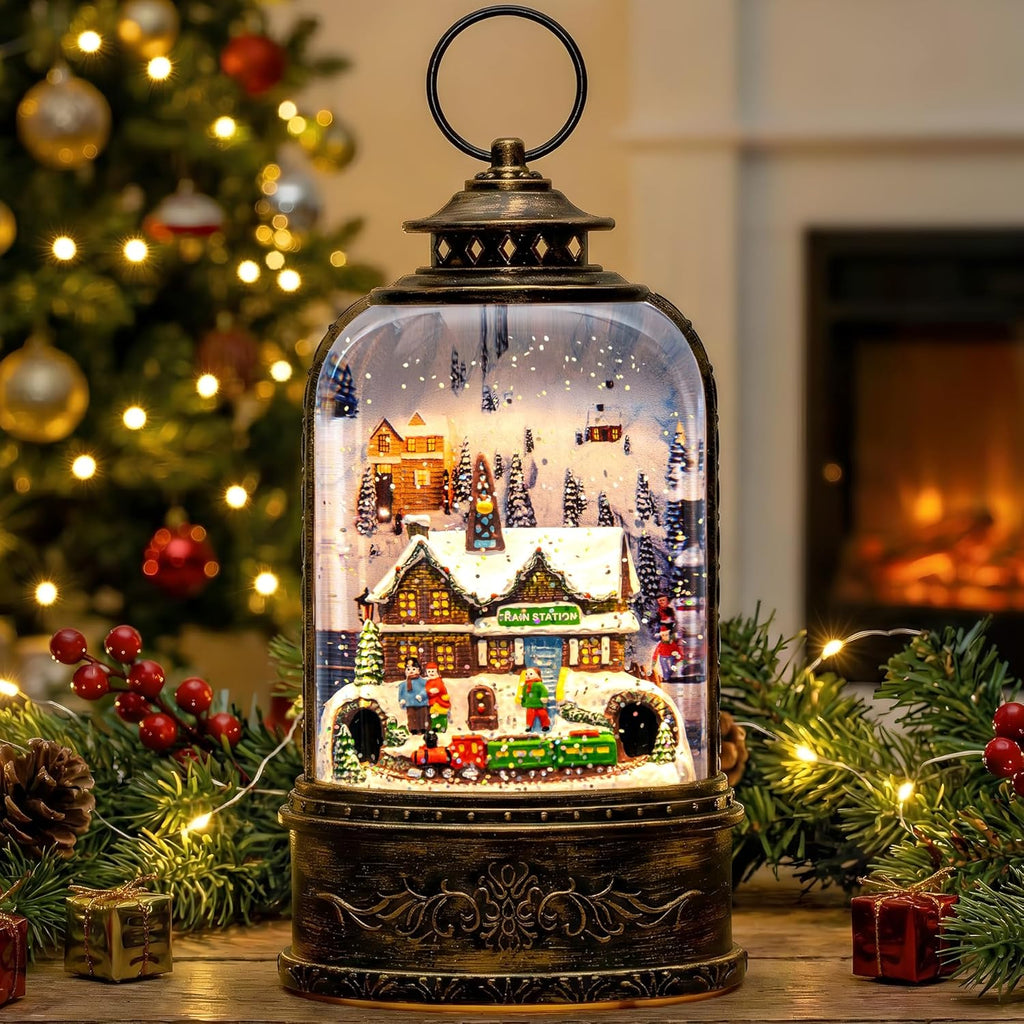 Skiennix Christmas Village Snow Globe - Musical Water Lantern with Train Station Scene | Battery or USB Powered Holiday Decoration for Tabletop Display