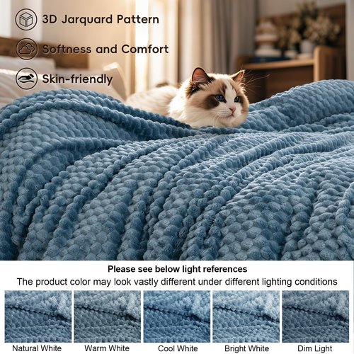 PHF Ultra Soft Flannel Fleece Blanket Queen Size, Lightweight 3D Jacquard Fleece Blanket, No Shedding, No Pilling, Luxury 340GSM Aesthetic Fluffy Cozy for Bed Room Decor, 90"x90", Denim Blue