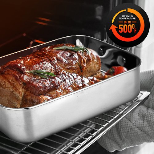 NutriChef Premium Stainless Steel Roasting Pan with Rack – Heavy‑Duty 14″ Turkey Roasting Pan for Turkey, Chicken & Meats (Wide Handles, Dishwasher Safe)