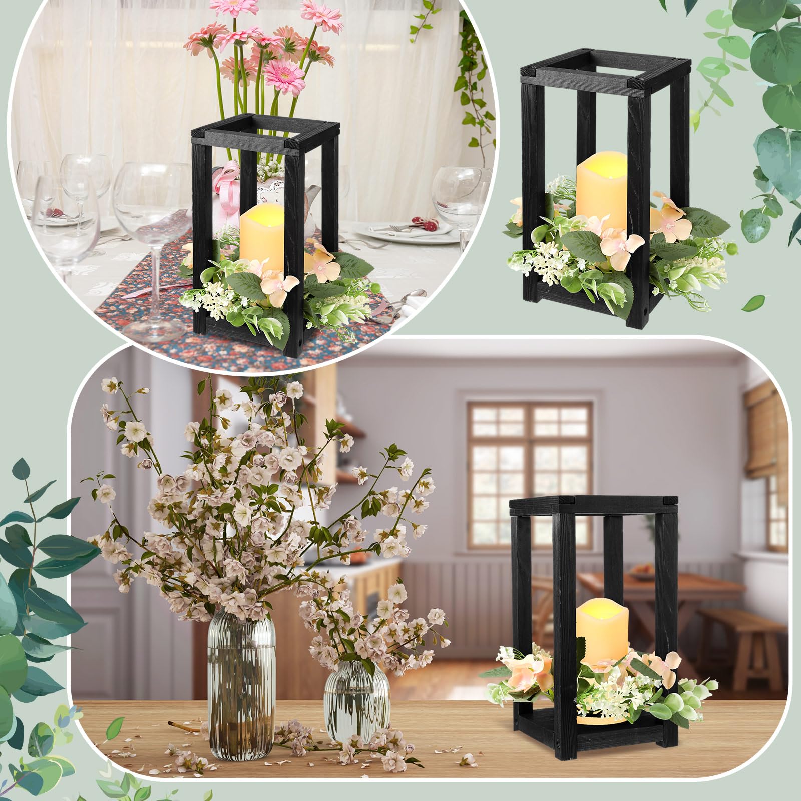 Hushee 30 Pcs Wooden Wedding Lantern Centerpiece Integrated Holders with Candles and Wreaths Rustic Wooden Candle Lantern Decor for Wedding Party Table Valentine Decor (Black)