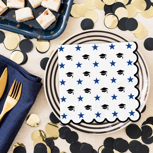 FYSUIMU Graduation Cap Paper Napkins - 100 Pcs Scalloped Disposable Dinner Napkins | Black & Blue Design for Graduation Parties