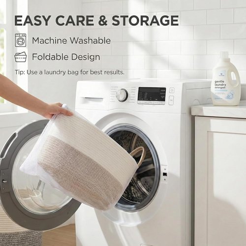 JMvicyroam 65L Extra Large Blanket Basket - Woven Cotton Rope Laundry Hamper with Reinforced Handles | Machine Washable, White & Brown