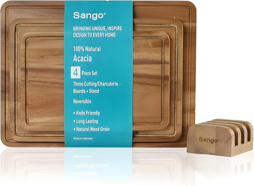 Sango Acacia Cutting Board Set - 3-Piece Wood Chopping Boards with Juice Grooves & Stand | Non-Toxic, Stackable & Reversible