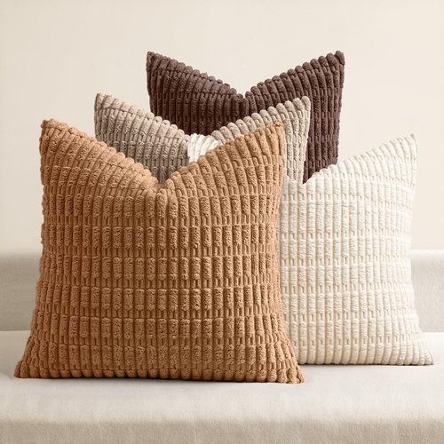 MIULEE Decorative Throw Pillow Covers - Pack of 4 Neutral Corduroy 18x18 Inch for Rustic Farmhouse Home Decor | Soft Striped Design in Brown