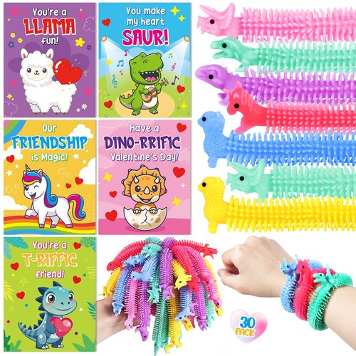 30 Pcs Valentines Day Card for Kids School with Multi-color Stretchy String Toys, Valentines Day Gifts for Kids Classroom, Dinosaur Unicorn Stress Sensory Fidget Toys for Party Favors Prize Exchange