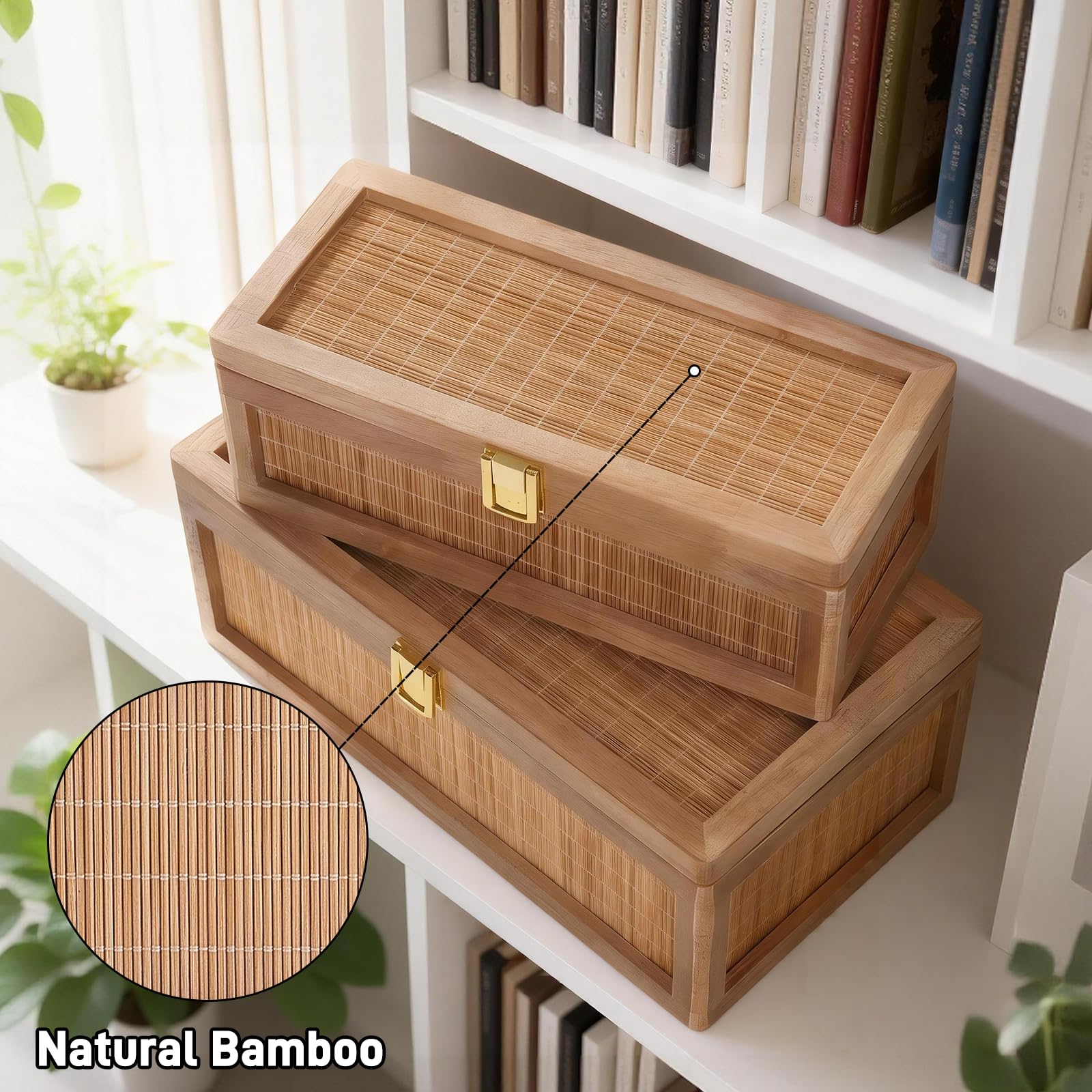HuiDao Rattan Decorative Box, Boho Display Boxes with Lids, Set of 2 Rectangular Wicker Storage Basket, Natural Woven Cane Bins for Home Decor (Round)