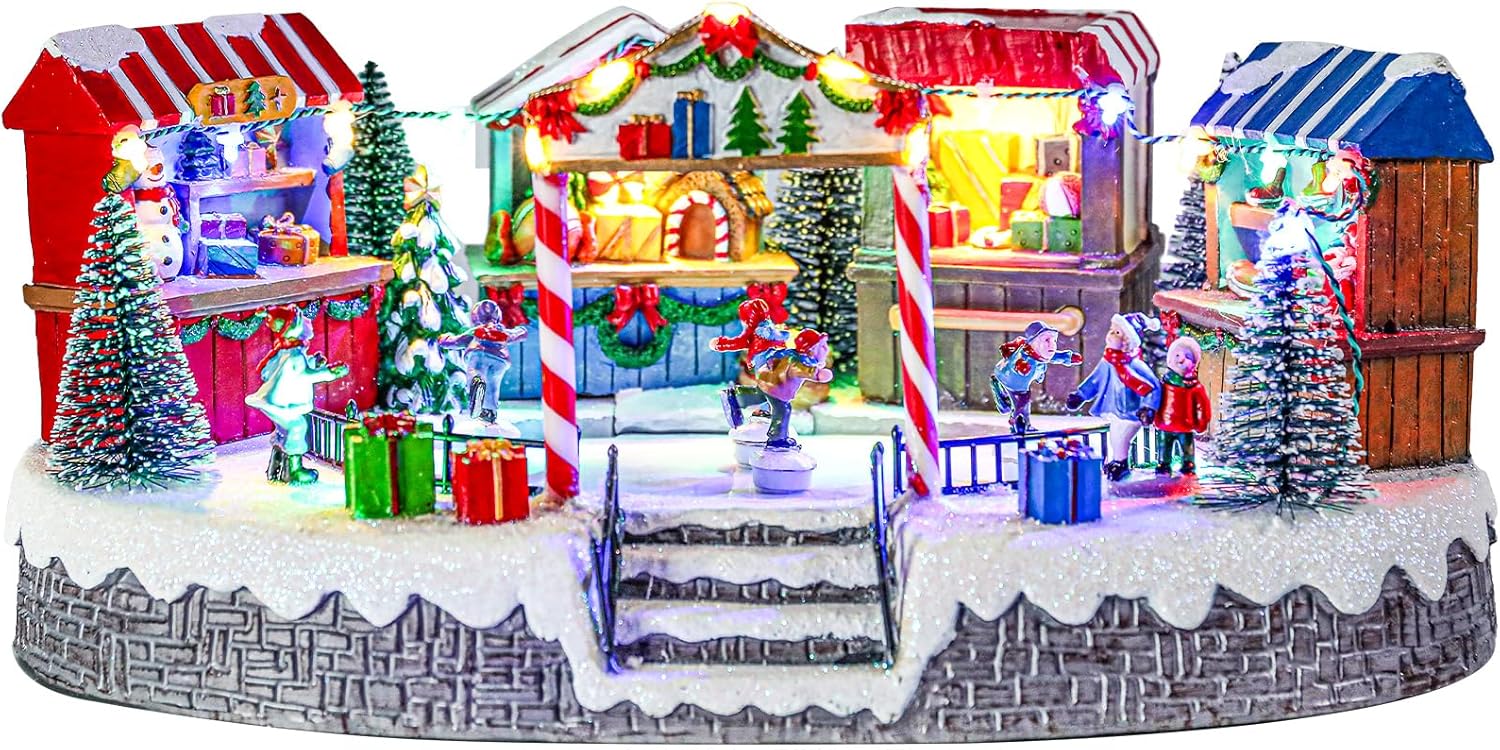 Bdor Christmas Market Village Scene - LED Lights & Music | 8.3 x 5.9 x 5.9 Inches Holiday Décor