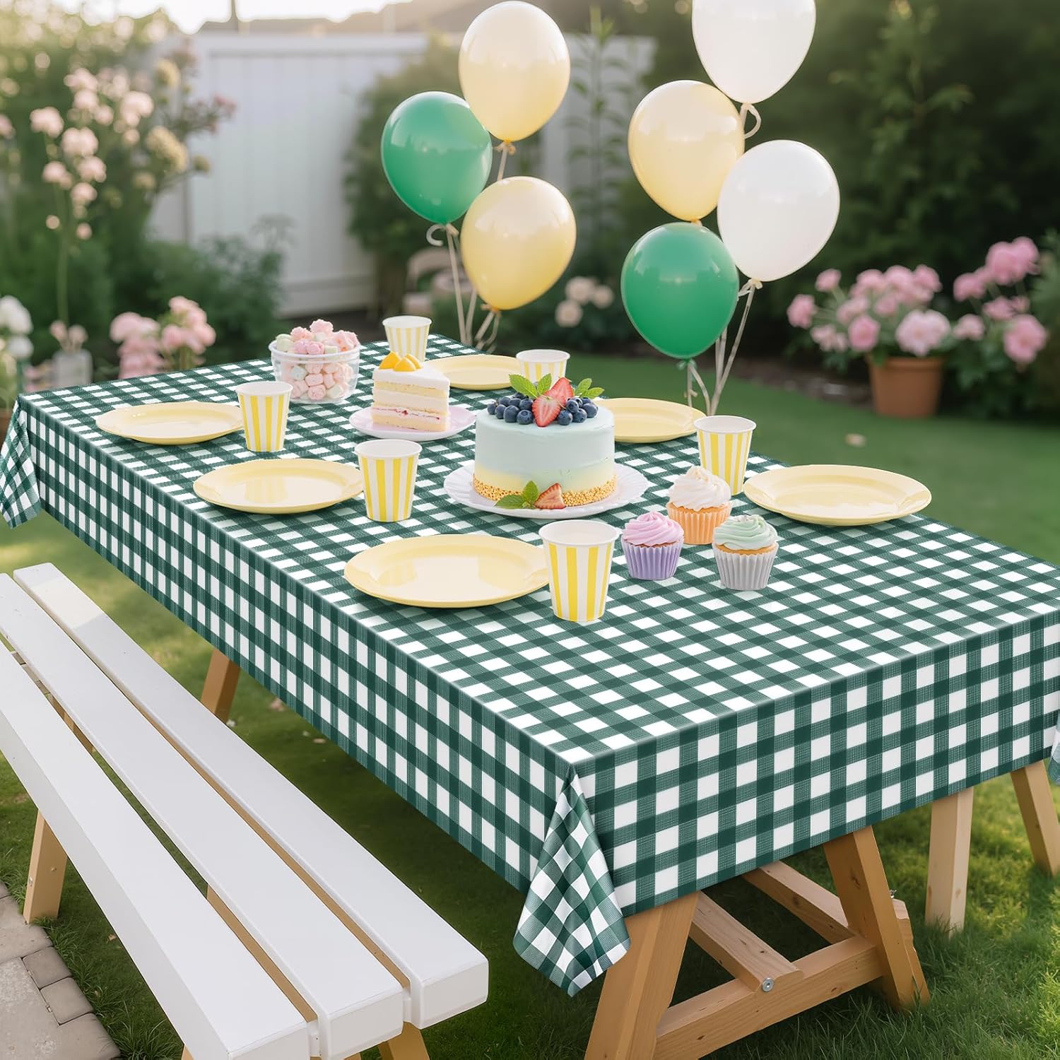 Skiennix Sage Green Striped Gingham Tablecloth - Waterproof Disposable Plastic, 54 x 108 Inch for Events