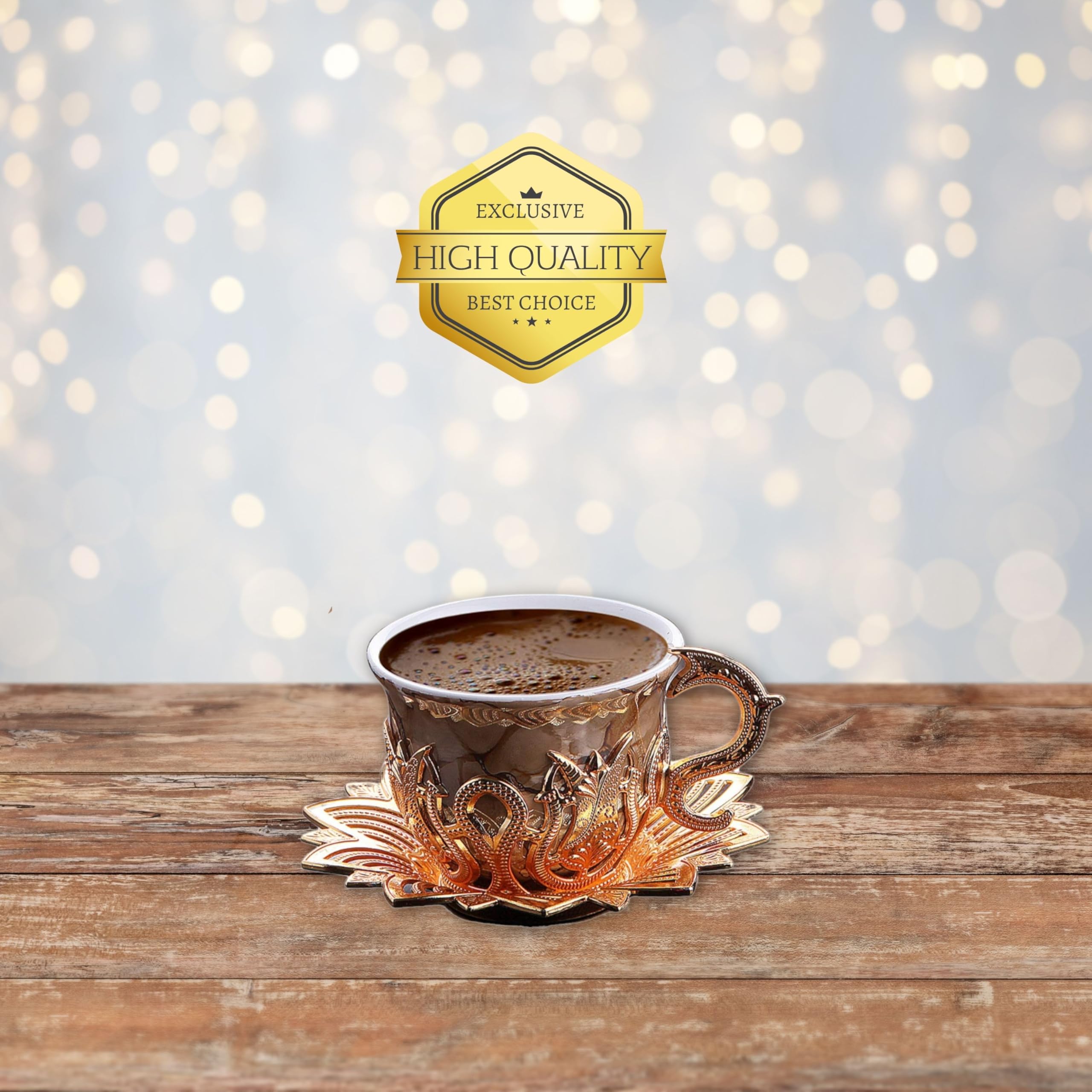 LaModaHome Ottoman Turkish Espresso Coffee Cups with Saucers and Holders Set of 6, Brown Marble Design, Porcelain Arabic, Greek Mini Coffee Mug, Handmade Vintage Gifts, Serving, Tableware - Gold