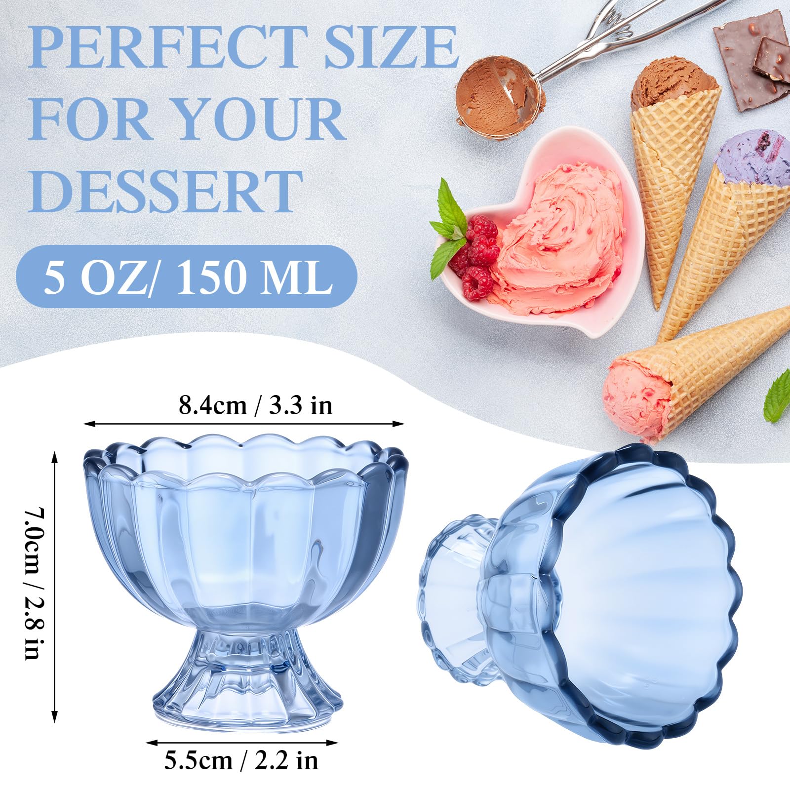 Potchen 12 Packs Small Blue Glass Ice Cream Bowls 5 oz Sundae Glasses Dessert Cups Clear Blue Tulip Ice Cream Glasses for Trifle Salad Sundae Cake Pudding Dinner Wedding Holiday Party