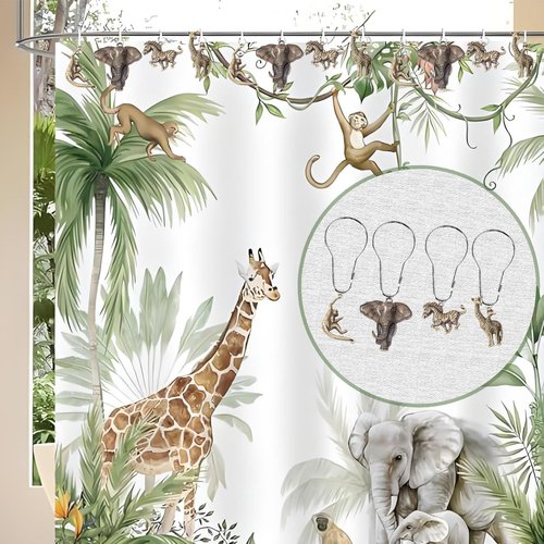 YRMLYMOP Jungle Shower Curtain Hooks,12 Pcs Animal Shower Curtain Hooks, Rainforest Elephant Zebra Monkey Giraffe Tropical Safari Bathroom Curtain House Bathroom Decor Accessorie, Stainless Steel Ring