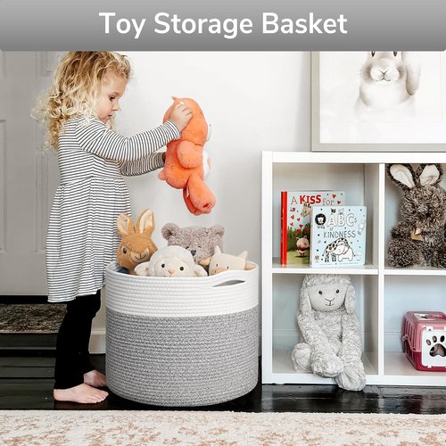 Goodpick Blanket Basket, 15.8"x15.8"x13.8" Woven Rope Basket for Blankets, Kids Toy Storage Organizer Bins, Toy Storage for Nursery, Light & Grey