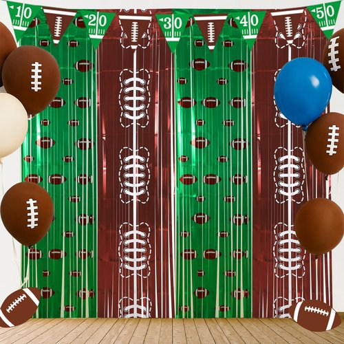 Boao 2 Pack Football Party Decorations 3.3x6.6 ft Shiny Tinsel Backdrop Green and Brown Football Tinsel Foil Fringe Curtains Backdrop Photo Props for Sports Rugby Birthday Party Home Decorations