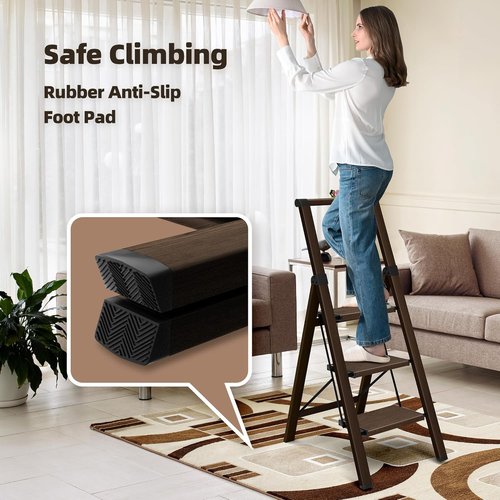 Hillhut Apex 3-Step Foldable Aluminum Step Ladder - Lightweight & Portable with Handgrip, 330lbs Capacity | Walnut Finish
