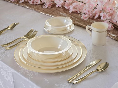 OCCASIONS 120 Piece Heavy Duty Disposable Plastic Plates Set for 60 Guests – 10.5" Dinner & 7.5" Dessert Plates, Premium Party Plates for Wedding, Fancy Events, BPA-Free – Ivory & Gold Rim