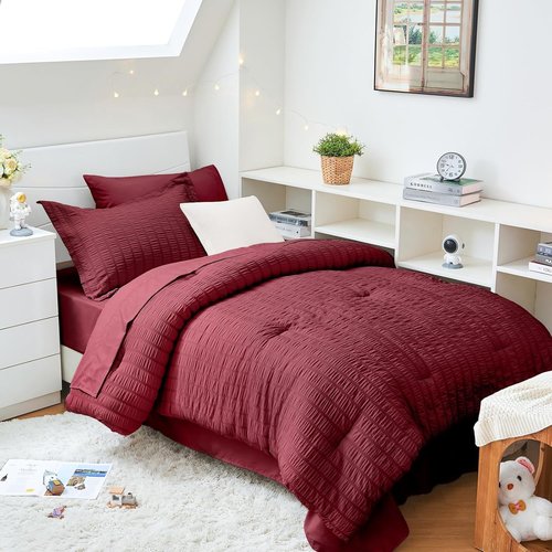 HYMOKEGE Twin XL Comforter Set - Burgundy Seersucker 5-Piece Luxury Bedding Set for All Seasons