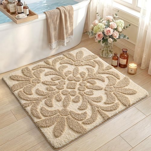 DEXI Bathroom Rug 24x24, Non Slip Washable Bath Mat, Absorbent Soft Microfiber Bathmat, Floral Plant Square Carpet for Shower Floor, Beige