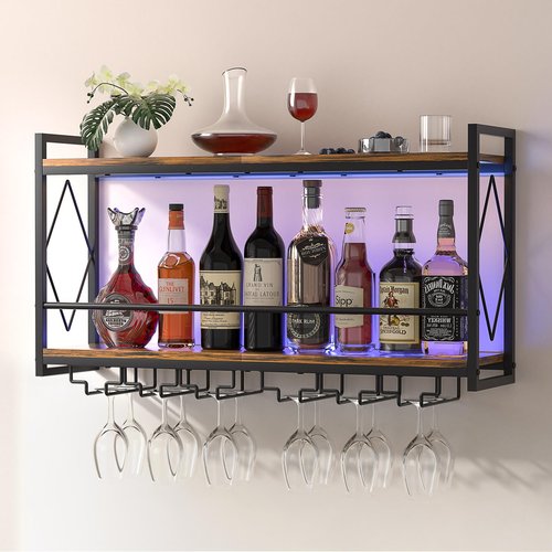 Nidouillet Wall Mounted Wine Rack with LED Light, 31.5" Bar Liquor Shelves with Glass Holder, Metal Hanging Bar Shelves Wine Storage Rack Display for Kitchen Home Bar Dining Room Living Room