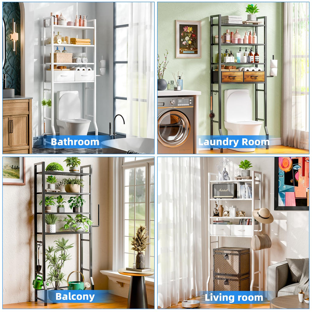 Simple Trending 4 Tier Over The Toilet Storage with Drawers, Heavy Duty Bathroom Stand Organizer Metal Shelves for Laundry, White