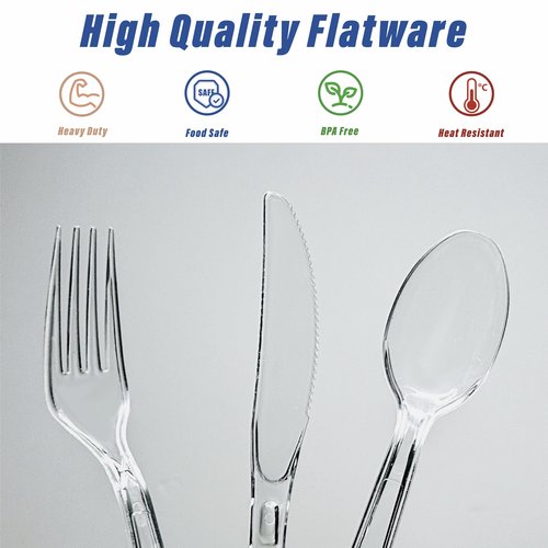 FYIN-HONG 360 Count Heavy Duty Plastic Silverware, Disposable Clear Plastic Utensils Set, 150 Forks, 150 Spoons, 60 Knives, BPA-Free, Heat Resistant; Cutlery Set for Party