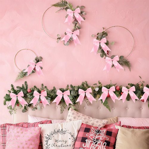 30 Pcs Pink Satin Ribbon Bows, Christmas Tree Bows Wreath Bows Tree Topper Bow for Garland Wreath Gift Wrapping Fireplace Coquette Wedding Party Decorations