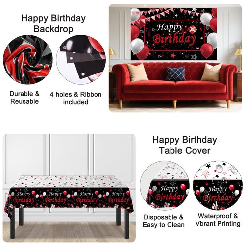 Black and Red Birthday Decorations for Men Women Boys Girls, Black and Red Party Decorations Happy Birthday Banner Backdrop Confetti Silver Balloons Arch Hanging Swirls Party Supplies Tablecloth