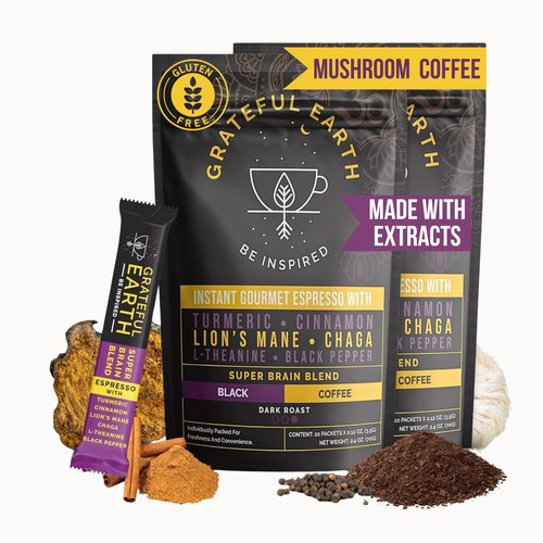 Grateful Earth Mushroom Coffee, Espresso Instant Coffee with Cinnamon, Turmeric, Lion’s Mane Mushrooms, L-Theanine, Chaga Super Brain Blend, Energy & Immune Support, Dairy & Gluten Free, 2 Bags, 40 Ct