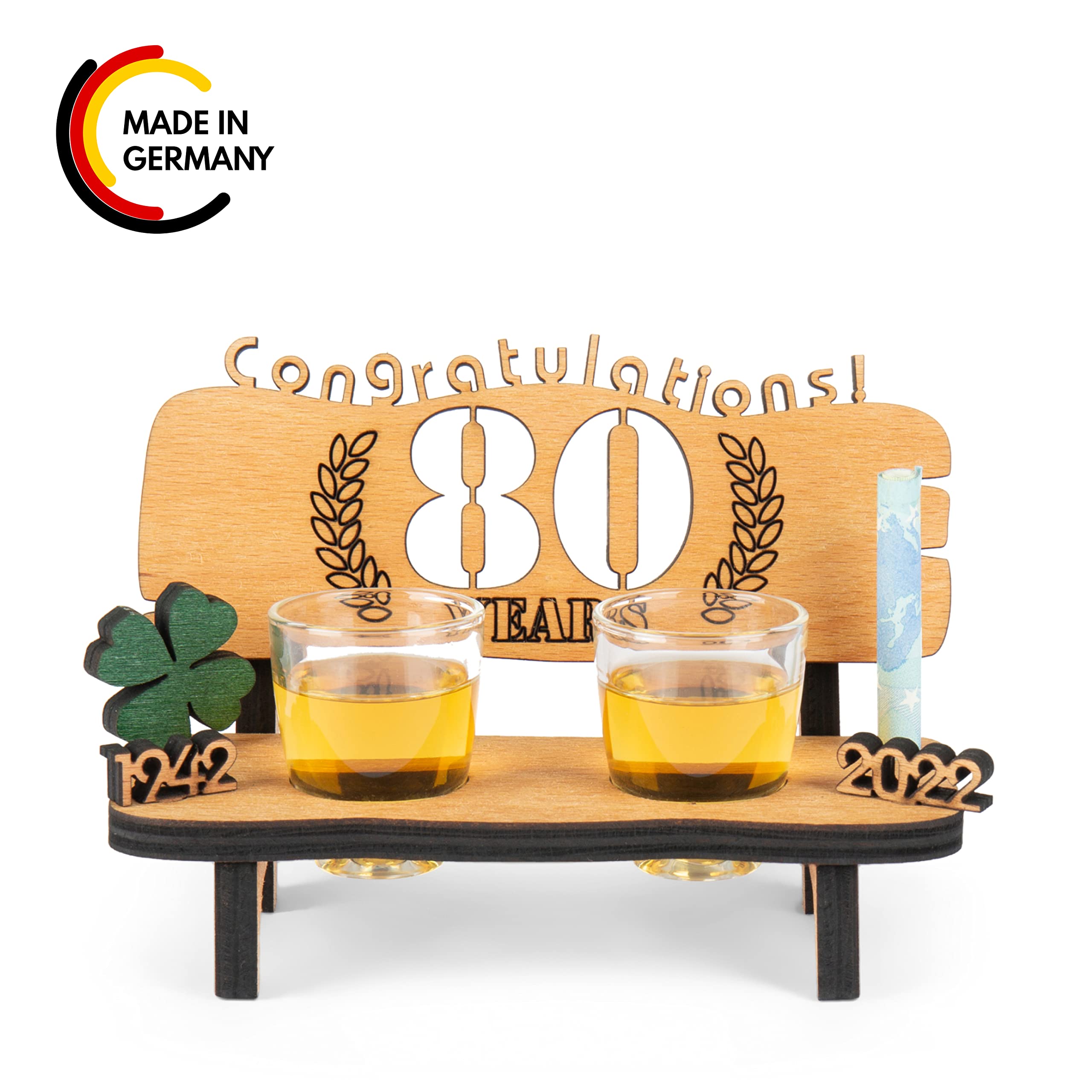 Brynnberg Wooden Bench with Shot Glasses - 80 Engraved (Years Available 10-90) - Original, Funny and Emotional Gift for Wedding, Anniversary or Birthday - 2 Shot Glasses and Wood Four-Leaf Clover