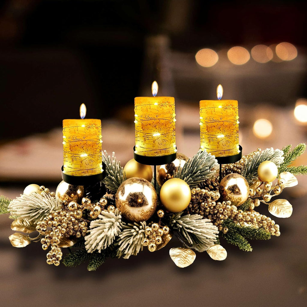 YULETIME 28" Christmas Triple Candelabrum - Elegant Holiday Candle Holder with Gold Baubles & Snowy Pine Needles