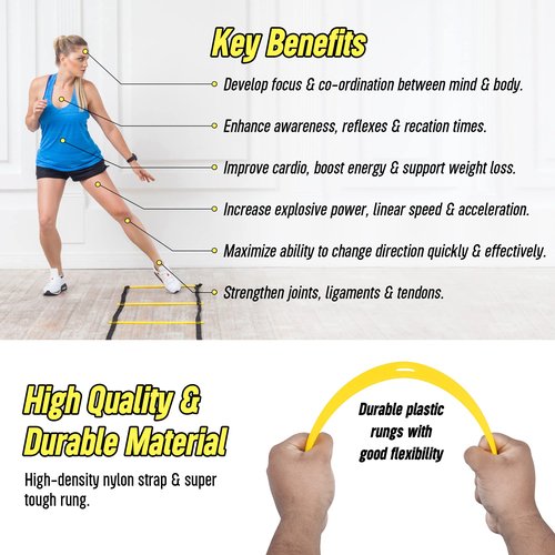 LYKAN FIT 20ft Sports Agility Ladder for Men Women and Kids, Speed Youth Soccer Agility Training Equipment for Football, Exercise, Tennis, Legs Workout with Speed Parachute and Carry Bag