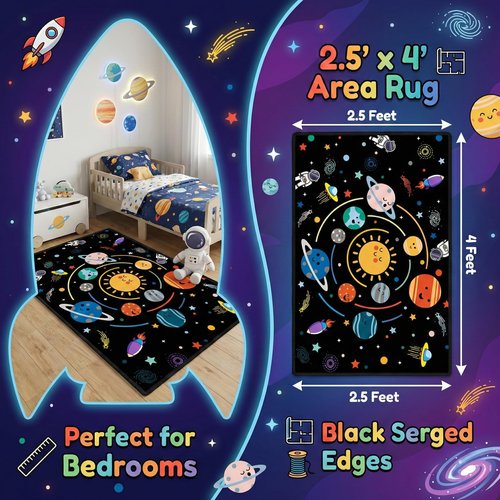 Space Rugs for Kids Bedroom,Outer Space Rug for Boys Room,Solar System Planet Theme Carpet for Playroom and Classroom Decor,2'5''×4'