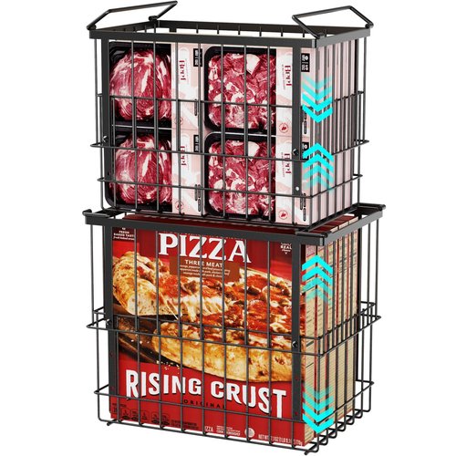 iSPECLE Freezer Organizer Bins, 2 Pack Fits 12" Pizza Adjustable for 5 to 7 Cu.Ft Chest Freezer, Stackable Wire Baskets with Handles, Heavy Duty Storage for Bulk Meat & Frozen Food, Black