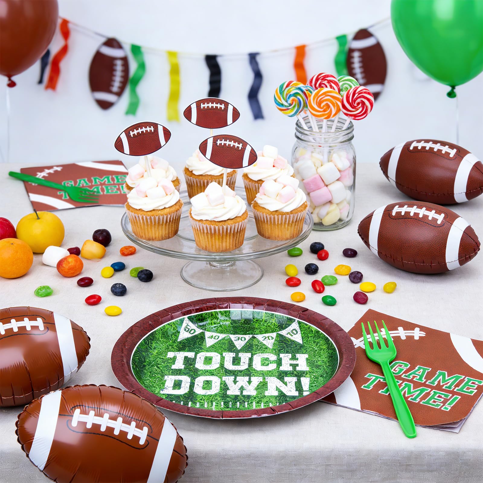YY 10" Football Party Paper Plates Set Disposable Dinner Plates Serve 20 with 13" Napkins, Forks