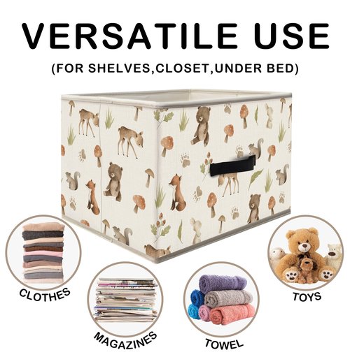 Nogrit Woodland Nursery Storage Bins Box, Toybox for Boys Girls, Forest Animal Mushroom Foldable Baskets Organizer Container with Handles for Bedroom Bathroom Kids Nursery Clothes Toys Books