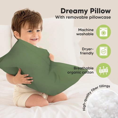 My Little Dreamy Toddler Pillow - Organic Cotton Travel Bed Pillow with Case | Soft & Breathable, 13x18" for Ages 2-5 (Jungle Green)