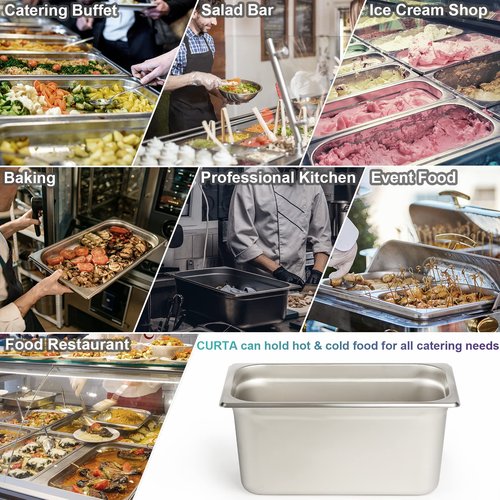 CURTA 6 Pack Anti-Jam Hotel Pans, 1/3 Size 6 Inch Deep, NSF Commercial 18/8 Stainless Steel Chafing Steam Table Pan, Catering Storage Metal Food Pan