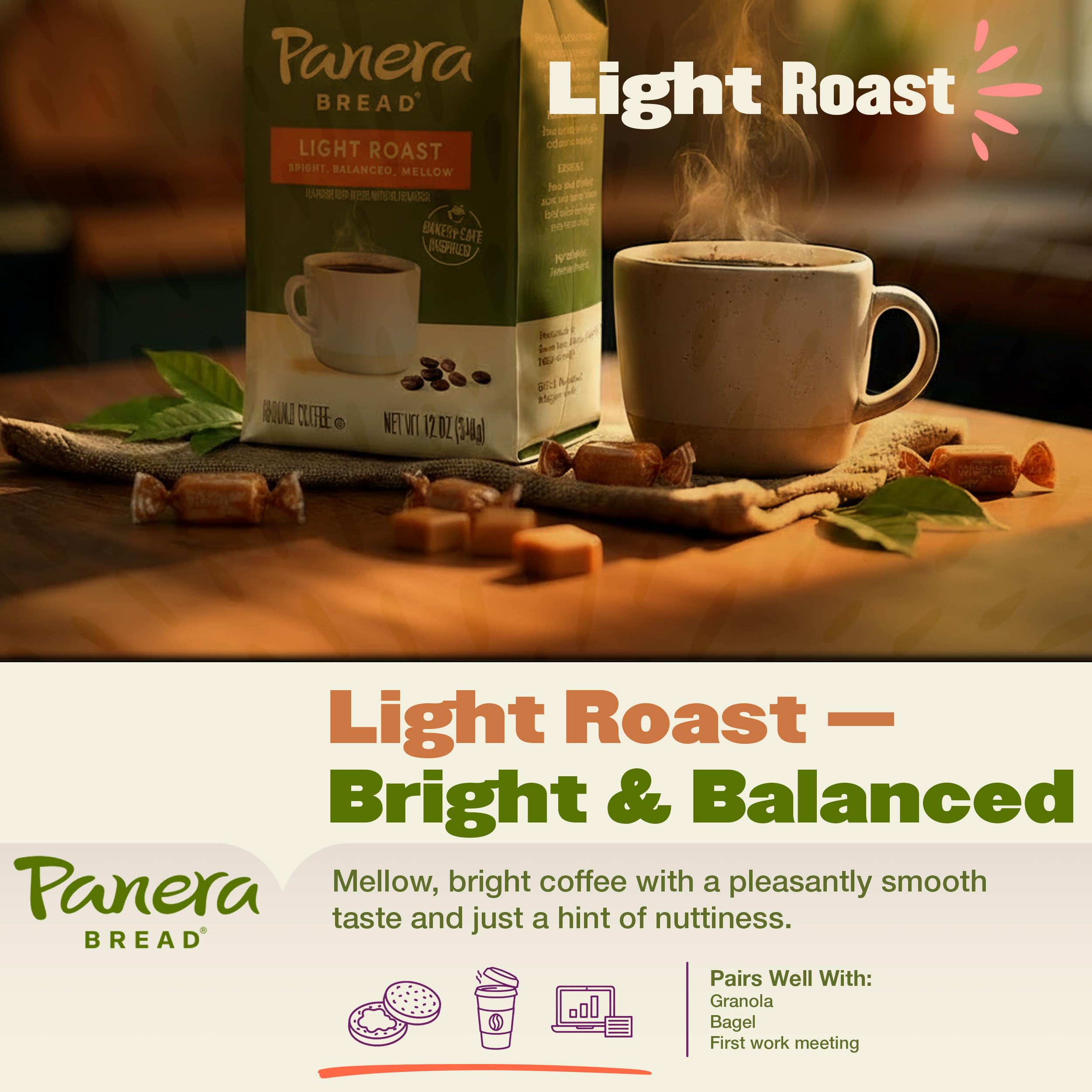 Panera Light Roast Ground Coffee, 100% Arabica, Sustainably Sourced – Smooth, Bright & Balanced Flavor – Clean Label, No Artificial Ingredients – Kosher, Gluten-Free 12oz Bag Pack of 6 (72oz Total)