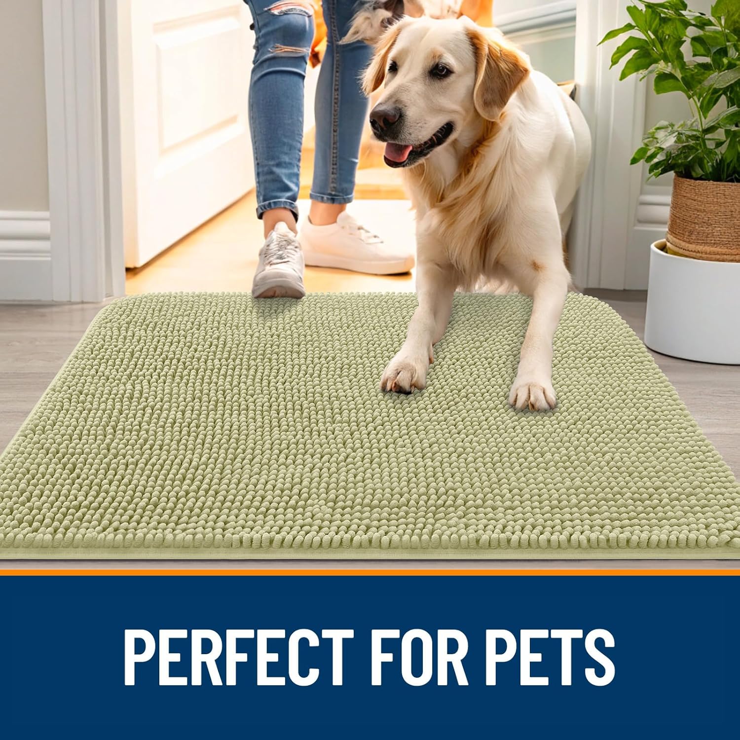 OLANLY Dog Door Mat - Absorbent Non-Slip Washable Doormat for Muddy Paws | 44x24, Quick Dry Chenille, Vanilla