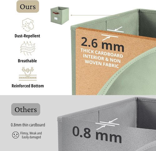 DECOMOMO Storage Bins - Fabric Cube Storage with Labels for Shelves | 10.5" x 11" | 6-Pack, Sage Green