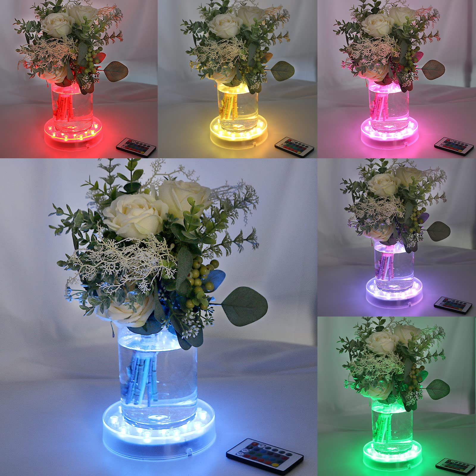 LARDUX Pack of 4 LED Lights Base with Remote - 6-inch Round Lights Display Stand for Effiel Tower Vase Crystal Glass Art LED Pedestal Base - Charging USB or Battery Powered