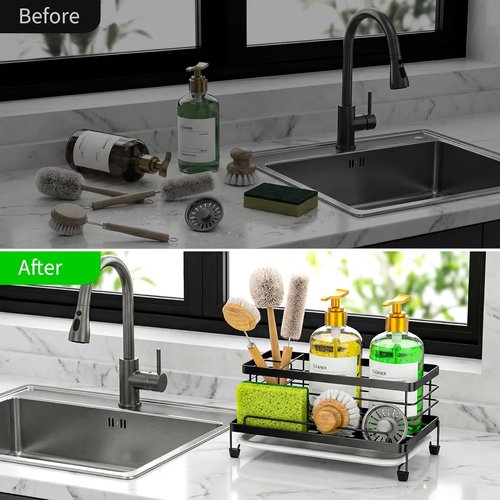 Cisily Large Black Sponge Holder - Rustproof Kitchen Sink Organizer with Drip Tray & Non-Slip Design