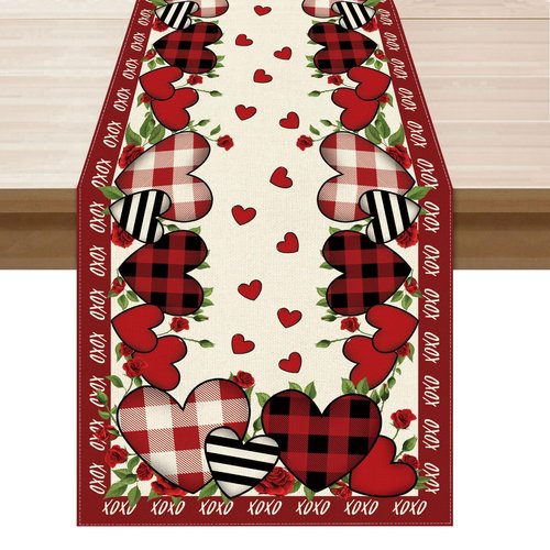 XCHI Buffalo Plaid Love Hearts Roses Flowers Valentine's Day Table Runner Table Decoration for Party Home Kitchen Dining Holiday Decor 13x90 Inch