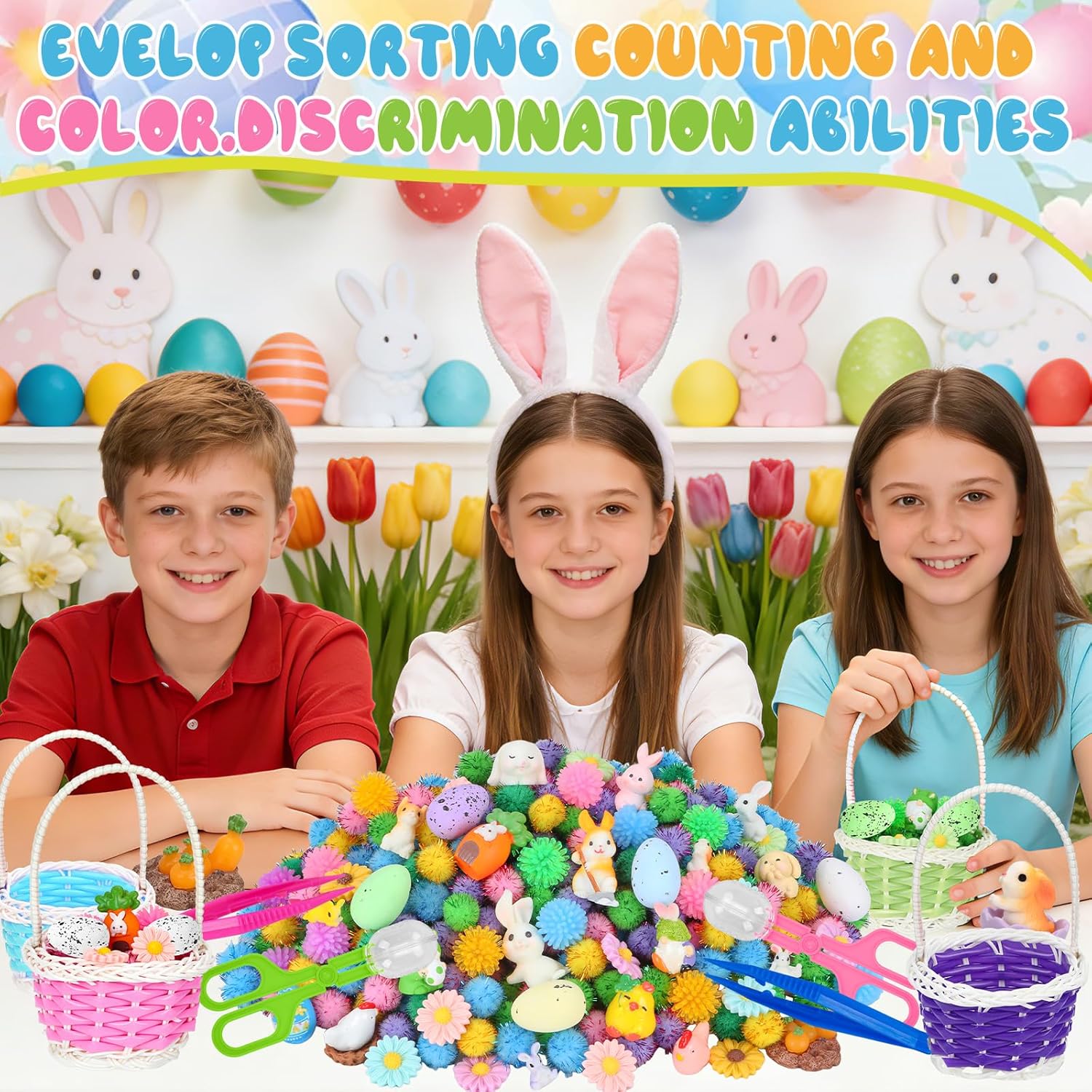 Skiennix Easter Sensory Bin Filler | 287 Pcs of Colorful Eggs, Bunnies, and Flowers for Learning Fun
