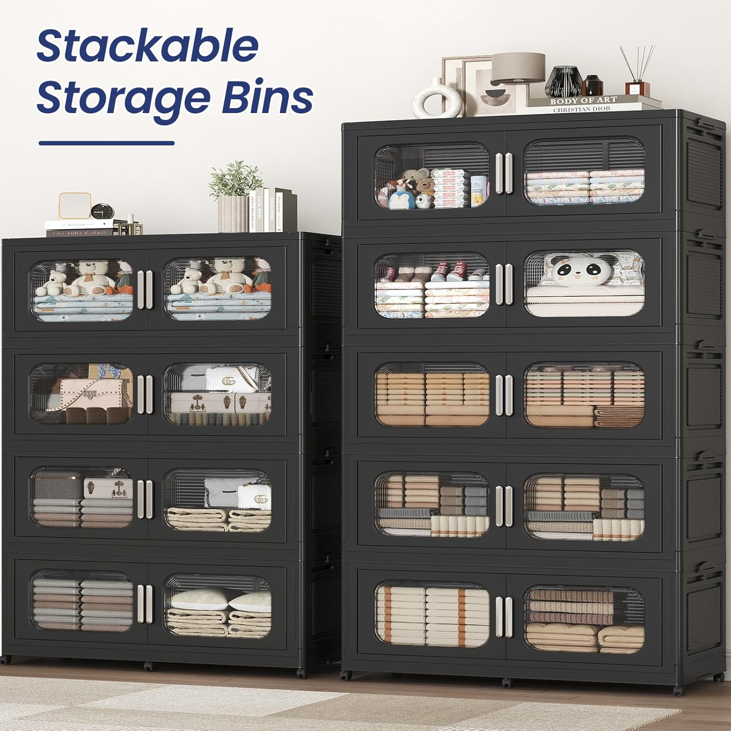 Skiennix 150 Gallon Extra Large Stackable Storage Bins - Collapsible with Lid & Wheels | 3-Pack Black