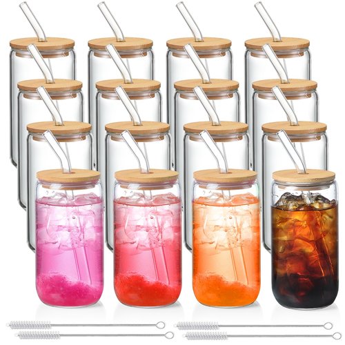 16 Pack Glass Cups with Lids and Straws 16 oz, Personalized Customizable Glasses for Gift, Business, Drinking glasses set, Iced Coffee Cup, Cute Aesthetics Tumbler for Tea, Homemade Drinks