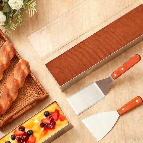 Blushtier 4 Pcs Nonstick Rectangle Tiramisu Cake Pan with Acrylic Lid and 2 Metal Spatula Removable Frame 304 Stainless Steel Cake Baking Molds for Tiramisu Cheesecake Mousse (15.75x3.94x2.56 Inch)
