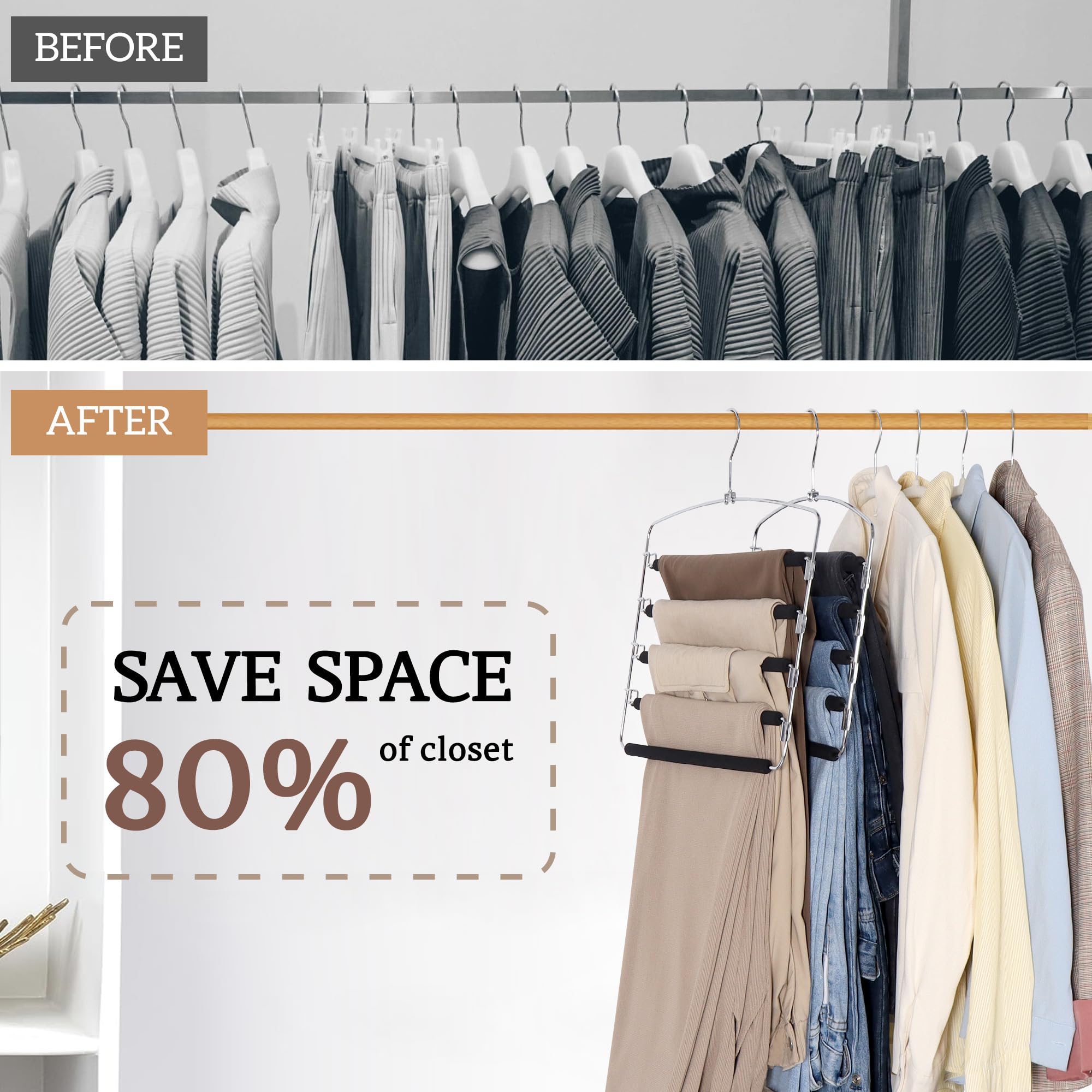 SINDAX Pants Hangers Space Saving - 6Pack, 5 Layers Space Saving Hangers, Sturdy Stainless Steel Pant Rack with Anti-Slip Swing Arm, Closet Organizers and Storage for Trousers Jeans