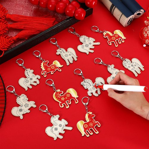 RattanView 24 Pcs Horse Craft Color Your Own Keychains Diy Craft Wooden Blank Keychains for Sunday School Classroom Home Active Party Favors Gifts, 12 Styles