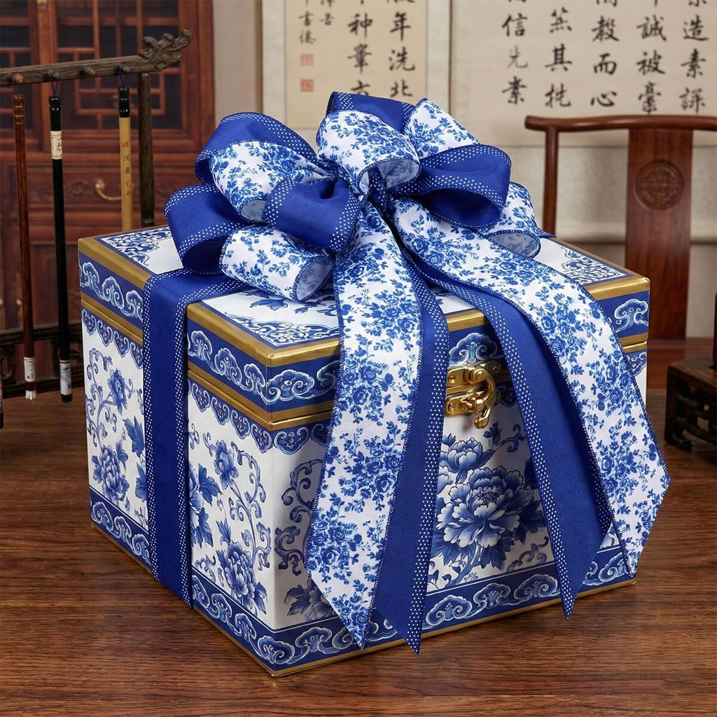 Chinoiserie Wreath Bow by Blue - 21 Inch Large Floral Wired Ribbon for Spring Door Decor